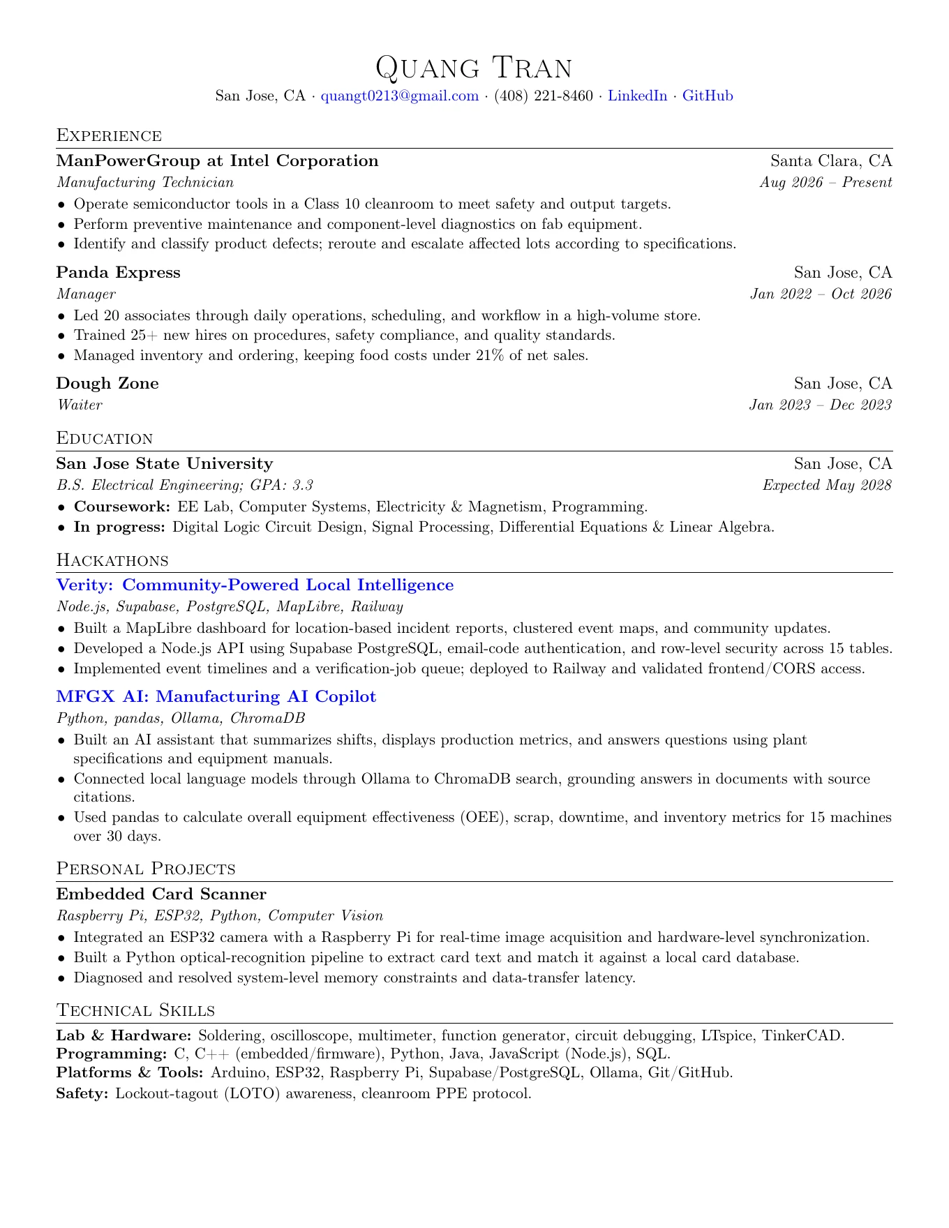 Quang Tran's resume. Open the PDF for the full text.